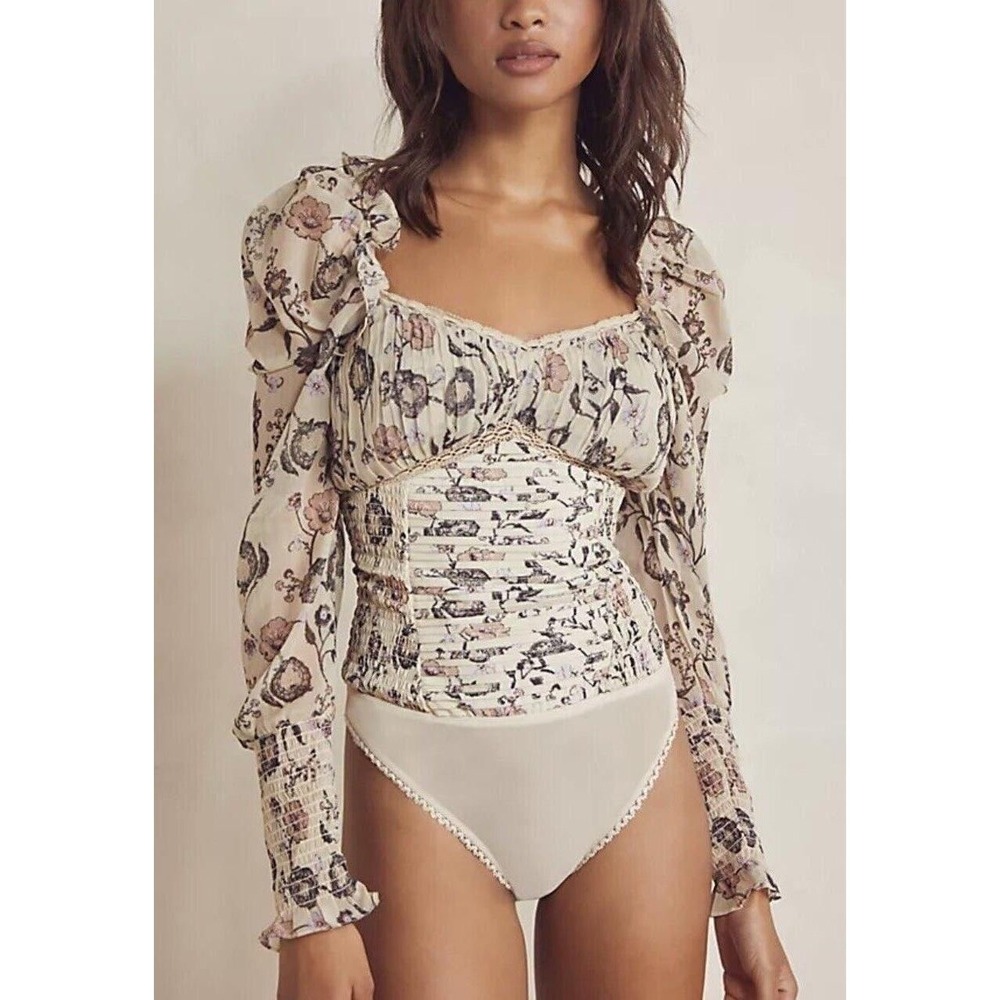 Free People Brunch Date Long Sleeve Bodysuit Small Floral Ivory Romantic Boho